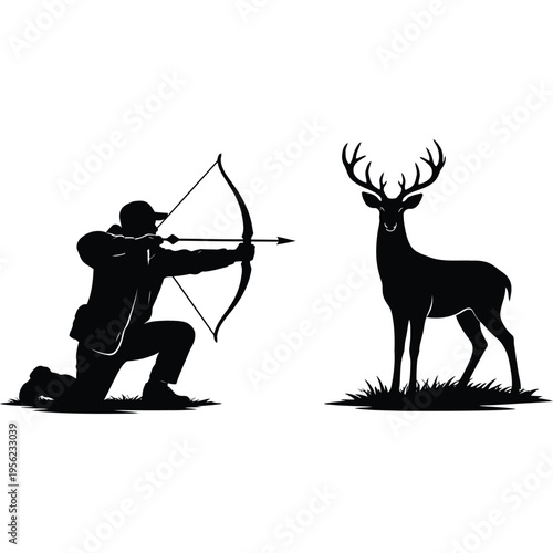 Hunter aims bow at deer in forest landscape with grass and trees nearby