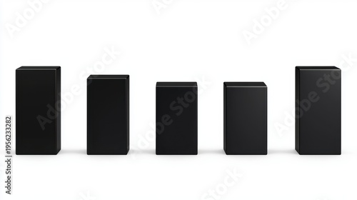 A set of five black rectangular boxes arranged in a row.