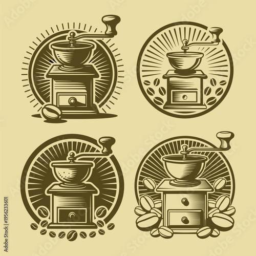 Vintage Coffee Grinder Logo Vector with Sunburst Background Bold Outline Badge