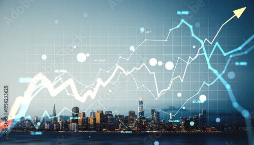 Photos City skyline with glowing financial charts and rising market lines over urban buildings at dusk, showcasing economic growth and creative data trends