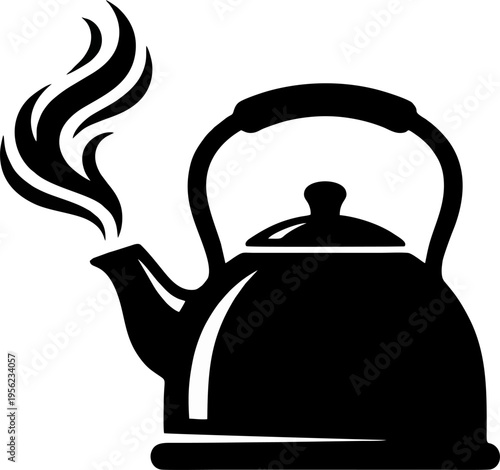 Classic tea kettle silhouette with rising steam. Minimalist stovetop teapot vector for cafe menu and kitchen interior design