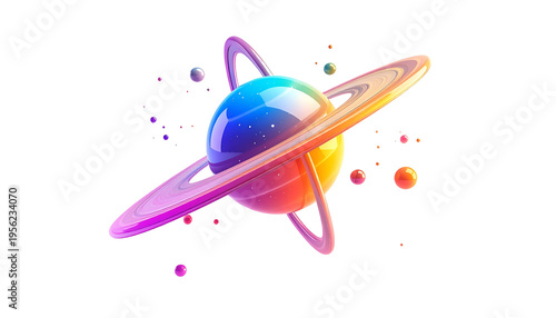 Colorful Saturn planet 3D rendering in space with ring system and glowing orbs