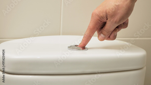 Close-up of male hand pushing a button to flush a close tool at home