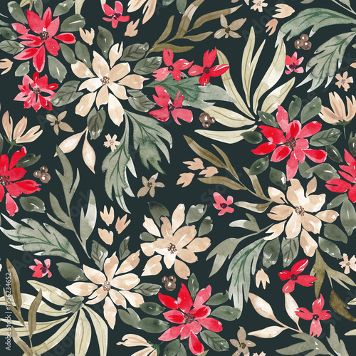 Watercolor floral seamless pattern. Hand painted flowers repeat tile. Abstract blossom surface pattern. Summer flowers. White, red, green floral background