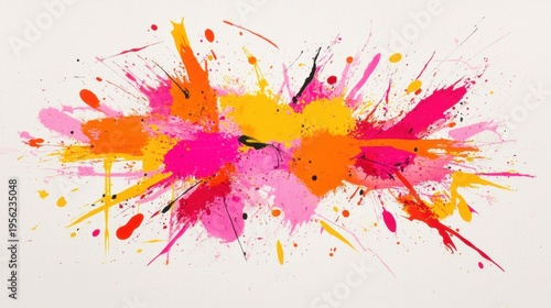 A vibrant abstract painting featuring splashes of pink, orange, yellow, and black paint.