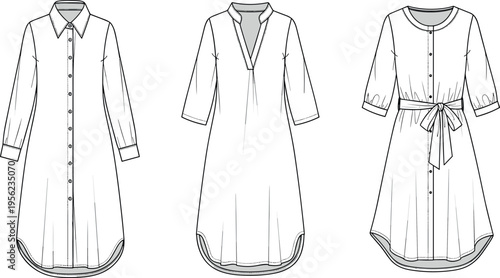 Technical Fashion Flat Sketches of Women's Casual Shirt Dresses Featuring Button-Down Fronts, V-Neck Tunic Styles, and Belted Waistline Design Details.