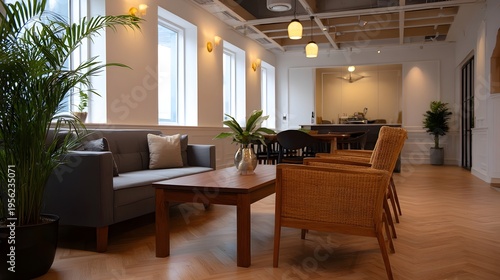 Modern co working space lounge with comfortable seating plants and natural light