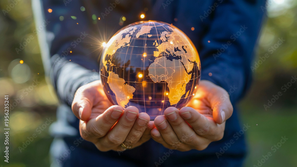 Fototapeta premium A person holding a glowing globe in their hands, symbolizing global care and responsibility.
