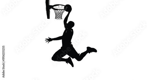 
A basketball player in mid-air dunking a ball into the hoop