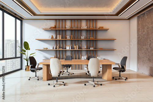 Modern corporate office interior featuring large wooden meeting table, ergonomic chairs and stylish shelving in a contemporary workspace design. 3D Rendering
