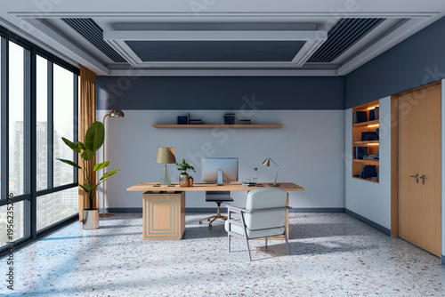 Modern empty office interior with contemporary desk, table, and light design in spacious room with large windows and clean background. 3D Rendering