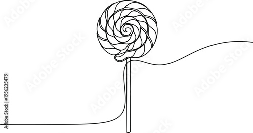 continuous single line drawing of swirl lollipop on stick representing sweet candy concept