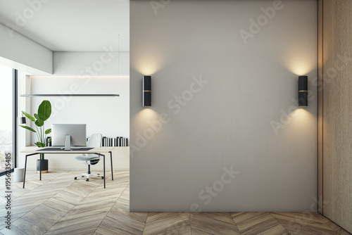Minimalist modern interior with empty lighted wall for design mockup, contemporary workspace and clean background blank space template in bright setting. 3D Rendering
