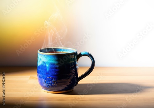 A sturdy ceramic drinking vessel, filled with a steaming warm liquid, sits elegantly upon a simple wooden tabletop in a brightly lit environment, mug, natural, steam