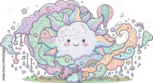 Adobe Illustrator Artwork Book cover clip art rain cloud with colorful raindrops and happy expression.