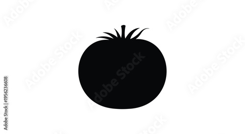 A simple black silhouette of a ripe tomato on a white background