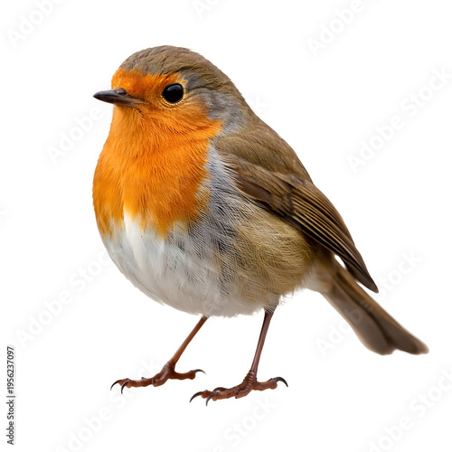 European Robin Bird Isolated on White Background – Cute Wild Songbird Closeup