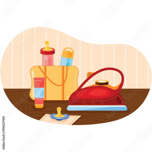 Vector electric iron and baby accessory cartoon