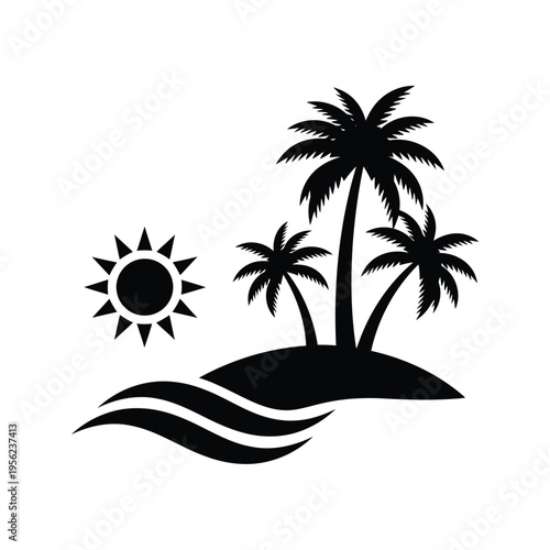 Tropical island vacation with palm trees and sun icon