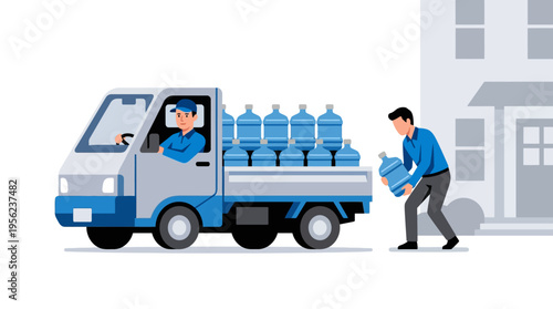 Delivery driver in uniform loading large water bottles onto a truck, providing convenient hydration solutions for homes and businesses