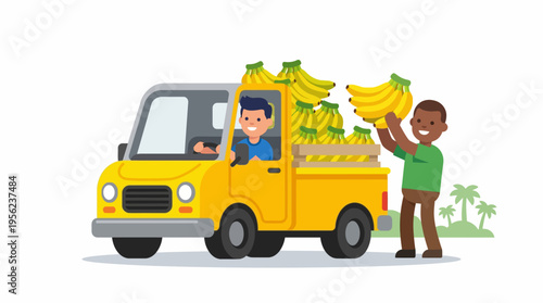 Illustration of a man delivering a truck full of fresh bananas to a smiling person