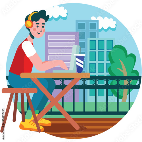 Man work on laptop in cafe vector isolated icon