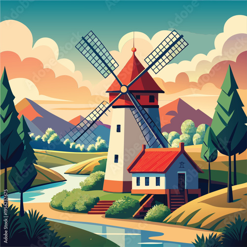 A picturesque landscape with a classic windmill and a small house by a river