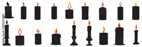 Set of black candle silhouettes with glowing flames on white background