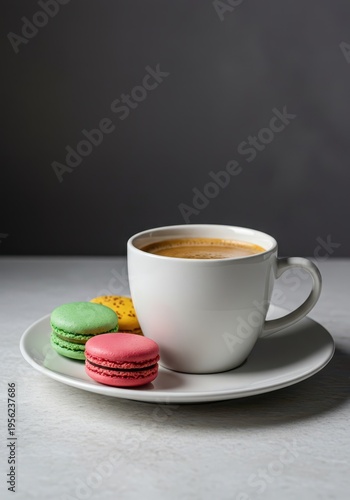 Colorful French macarons and a warm cup of coffee resting on a simple white plate. Sweet dessert and hot beverage still life, crisp, pastry, freshness