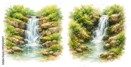 A beautiful collection of watercolor woodland waterfall illustrations, featuring tranquil forest cascades flowing over mossy rocks into clear natural pools isolated on a transparent background.