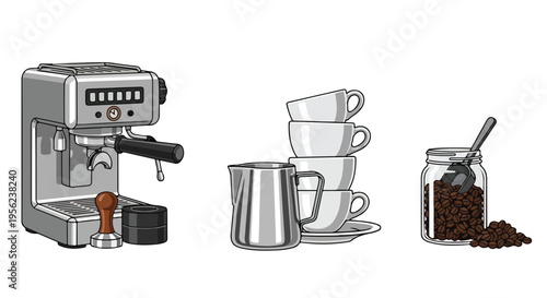 Flat lay illustration of a coffee machine with cups, a pitcher, and a jar of coffee beans on a white background.