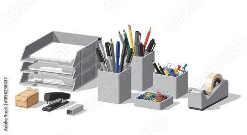 Desk organizer with office supplies including pens, pencils, paper clips, tape, and stapler on a white background.