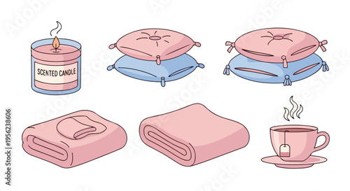 Flat lay illustration of assorted cozy bed linens, towels, a candle, and a steaming cup of coffee on a clean white background with soft pastel colors.