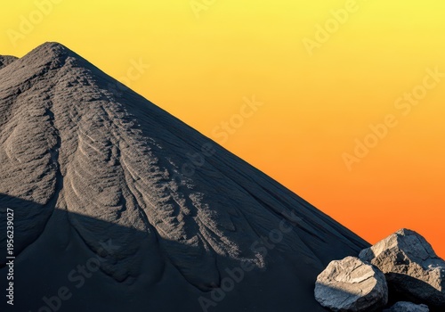 Industrial byproduct: large pile of dark gray boiler ash residue waiting for disposal or recycling at a power plant site, hazard, steam, byproduct