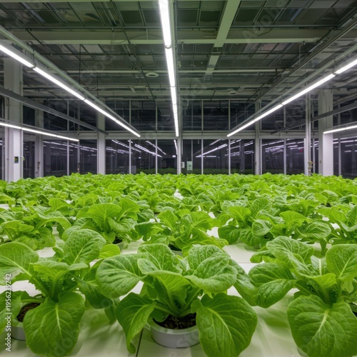 Lush green leaves growing in advanced hydroponic systems under controlled climate conditions inside a large glass structure, innovation, healthy, leaf