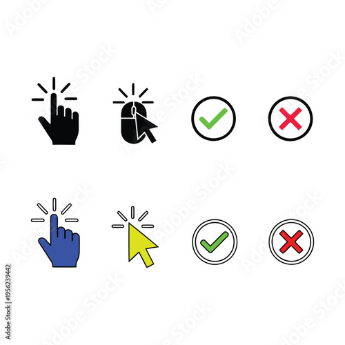 Set of vector interface icons click hand and mouse cursors, alongside checkmark and cross symbols for approval or rejection in modern UI/UX design