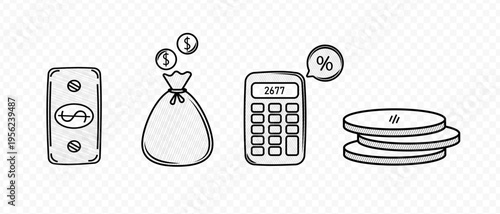Finance doodle sketch icons. Calculator, money bag, coins, banknote dollars