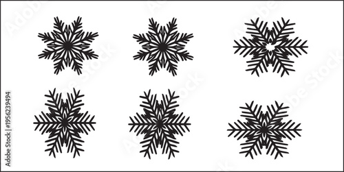 Collection of six unique snowflakes on white background