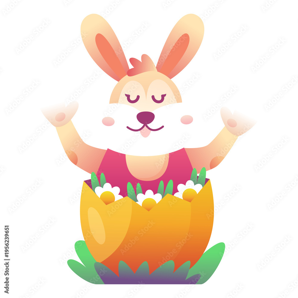 Obraz premium Happy easter bunny character sitting inside hatched orange