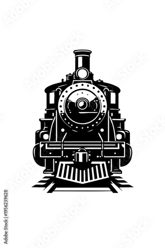 Front view of a vintage steam locomotive with symmetrical composition