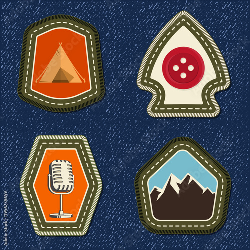 Scout badge with mountain, camping tent, sewing Button, retro microphone. Vector. Merit patch, sticker for camping outdoor and academic activities. For scouting groups, camping events, outdoor apparel