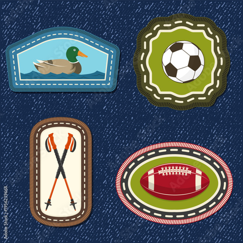 Scout badge with duck, trekking poles, soccer and American football ball. Vector. Merit patch, sticker for camping outdoor and academic activities. For scouting groups, camping events, outdoor apparel