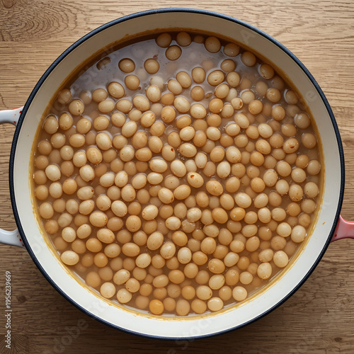 Top view of beans soaking in a casserole of water