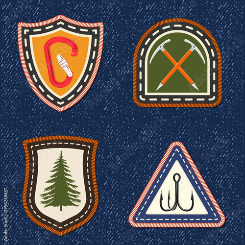 Scout badge with Red climbing carabiner, triple fishing hook, mountain climbing ice tools, pine tree. Vector. Merit patch, sticker for camping outdoor and academic activities. For scouting groups