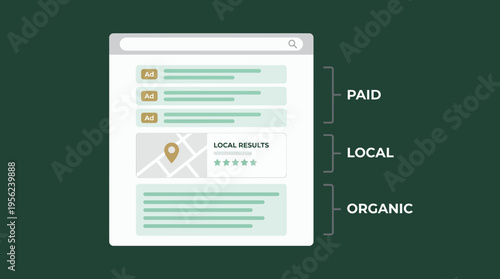 Infographic of search engine results page displaying paid ads, local map listings and organic web content, concept for digital marketing strategy, seo analysis and advertising campaign