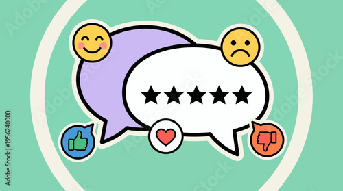 Colorful speech bubbles featuring five stars and various reaction emojis like heart and thumbs up on a teal background, concept for customer feedback, online reputation and social marketing