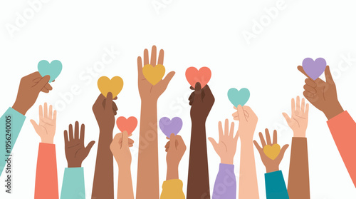 Multi ethnic hands of business professionals holding colorful heart shapes on white background, concept for corporate social responsibility, charity donation and community support program