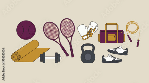 Various sports equipment including basketball, tennis rackets, boxing gloves, gym bag and weightlifting gear, concept for fitness lifestyle, athletic training and healthy wellness promotion