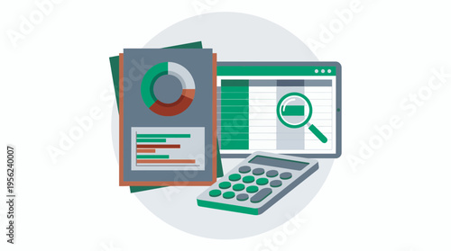 Business analytics illustration featuring financial reports with charts on clipboard alongside calculator and digital spreadsheet, concept for accounting services, data audit and tax planning