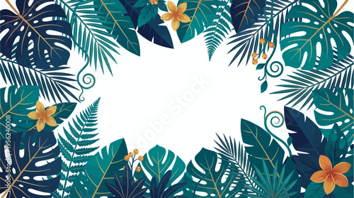 Tropical jungle leaves and frangipani flowers forming a decorative frame on a clean white background, concept for summer invitation, organic beauty branding and botanical wallpaper